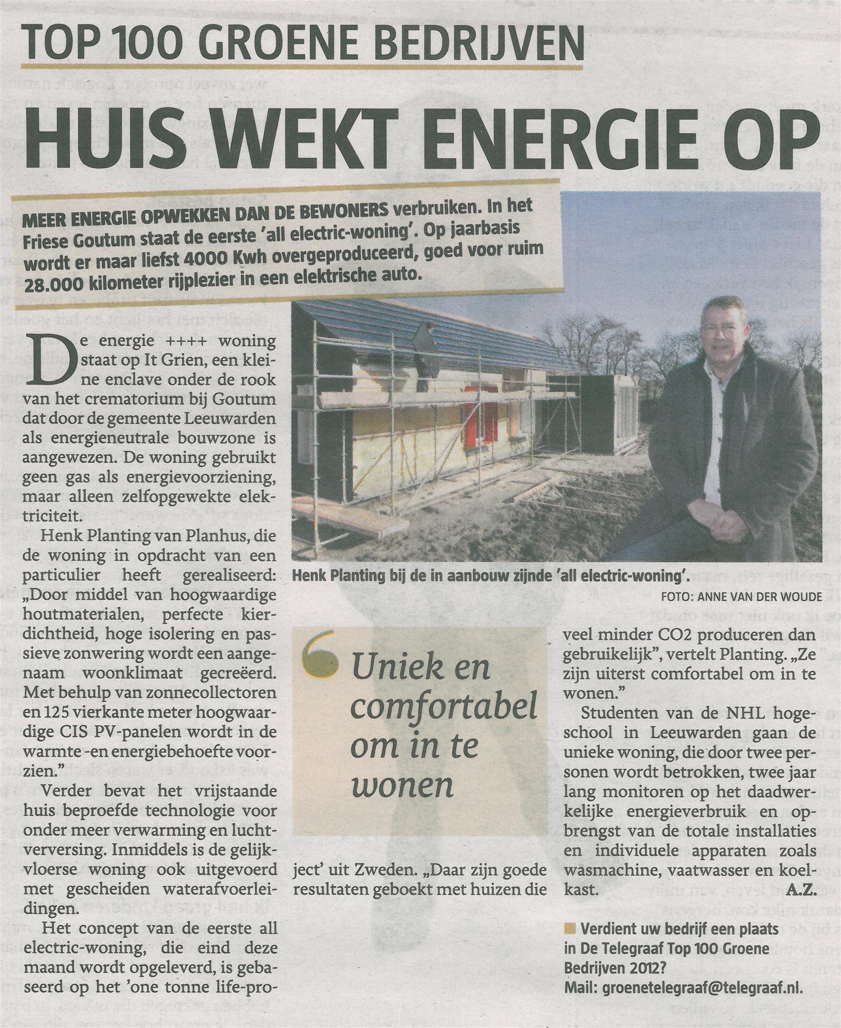 Huis wekt energie op, de Telegraaf (Top 100 Groene bedrijven)